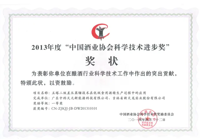 Technologieprijs van de China Alcohol Industry Association — 2013