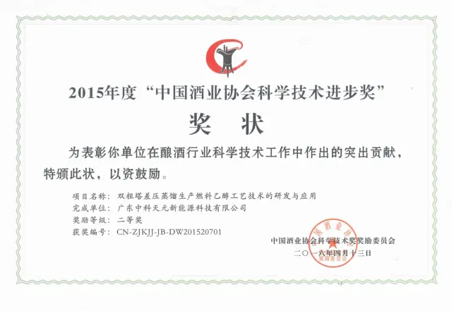 Technologieprijs van de China Alcohol Industry Association — 2015